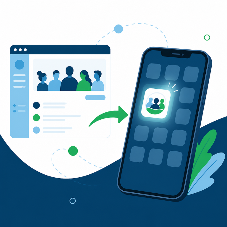 Illustration of a smartphone with a community app icon newly installed on its home screen