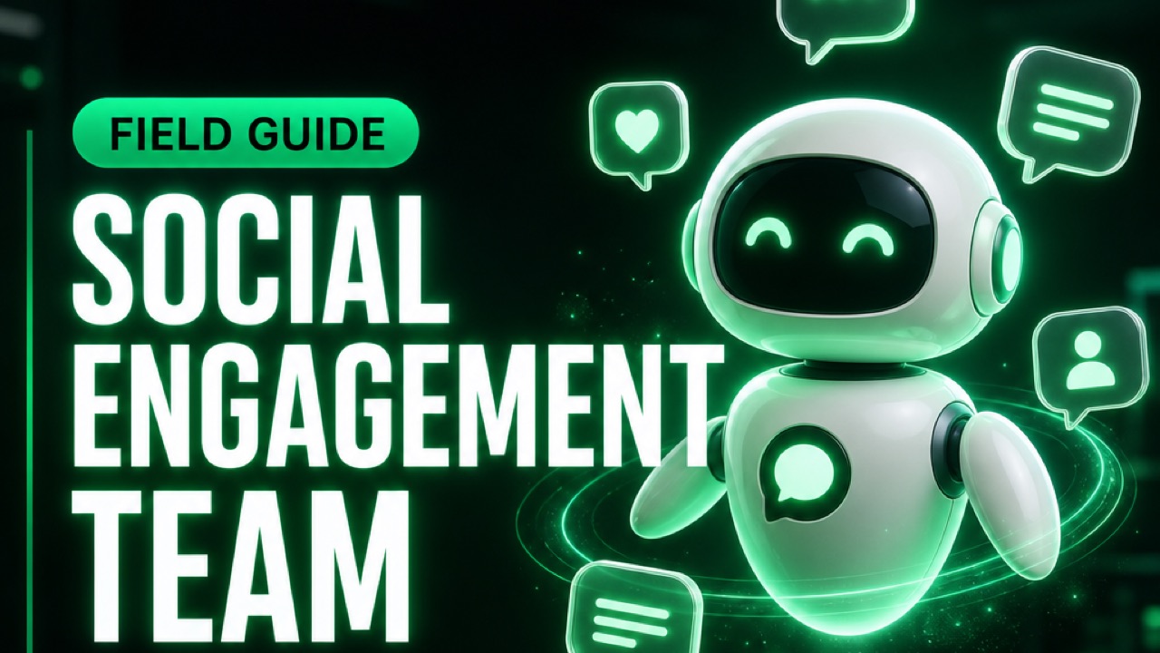 Social Engagement Team Field Guide — glowing robot with chat bubbles on dark green background